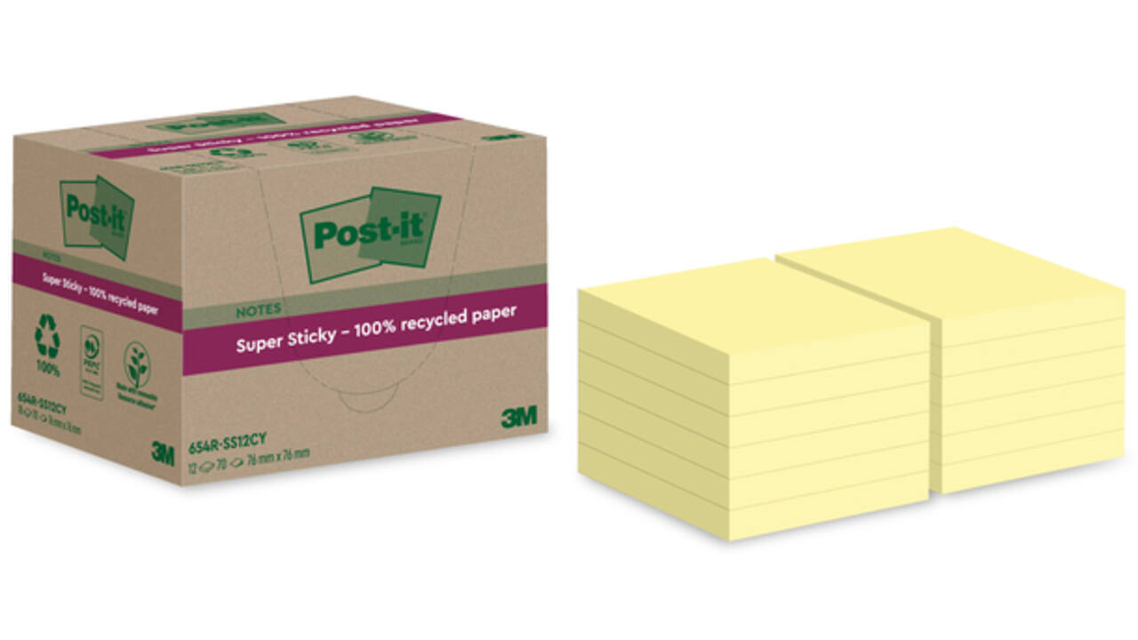Memoblok Post-it Super Sticky 654 RSS12CY recycled 76x76mm canary yellow 12 stuks