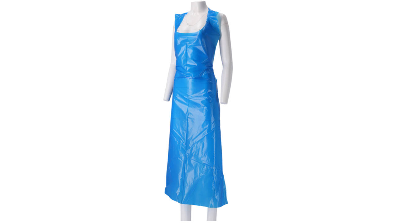Schort CMT 125x80cm 25mu geruwd op rol PE blauw