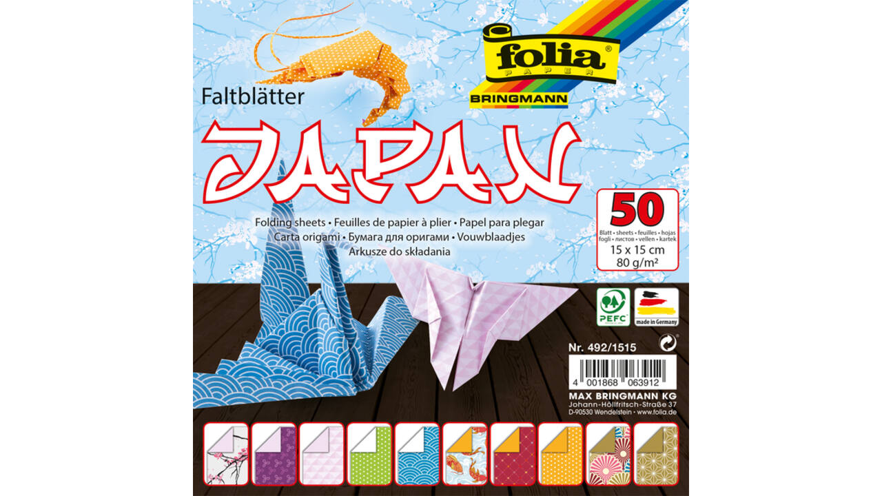 Vouwblaadjes Folia 80gr 15x15cm 50 vel 2-zijdig Japan 10 designs assorti kleuren