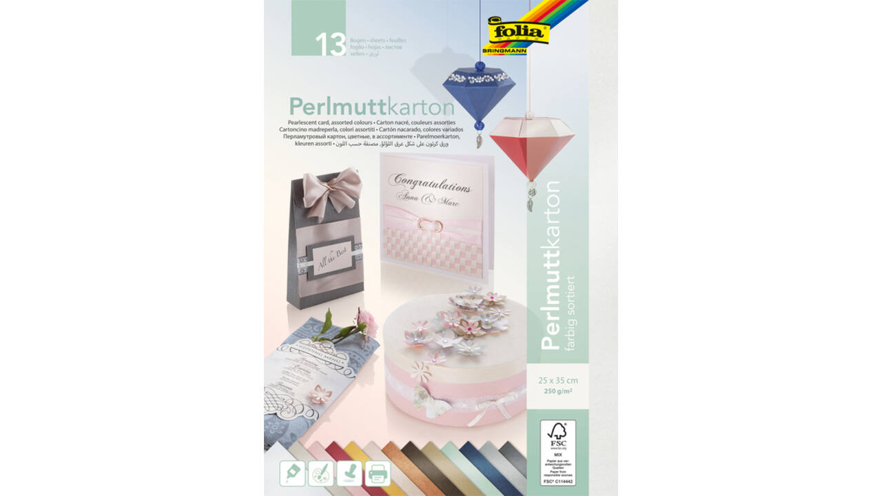Parelmoerkarton Folia 2-zijdig 25x35cm 250gr 13 vel 13 kleuren