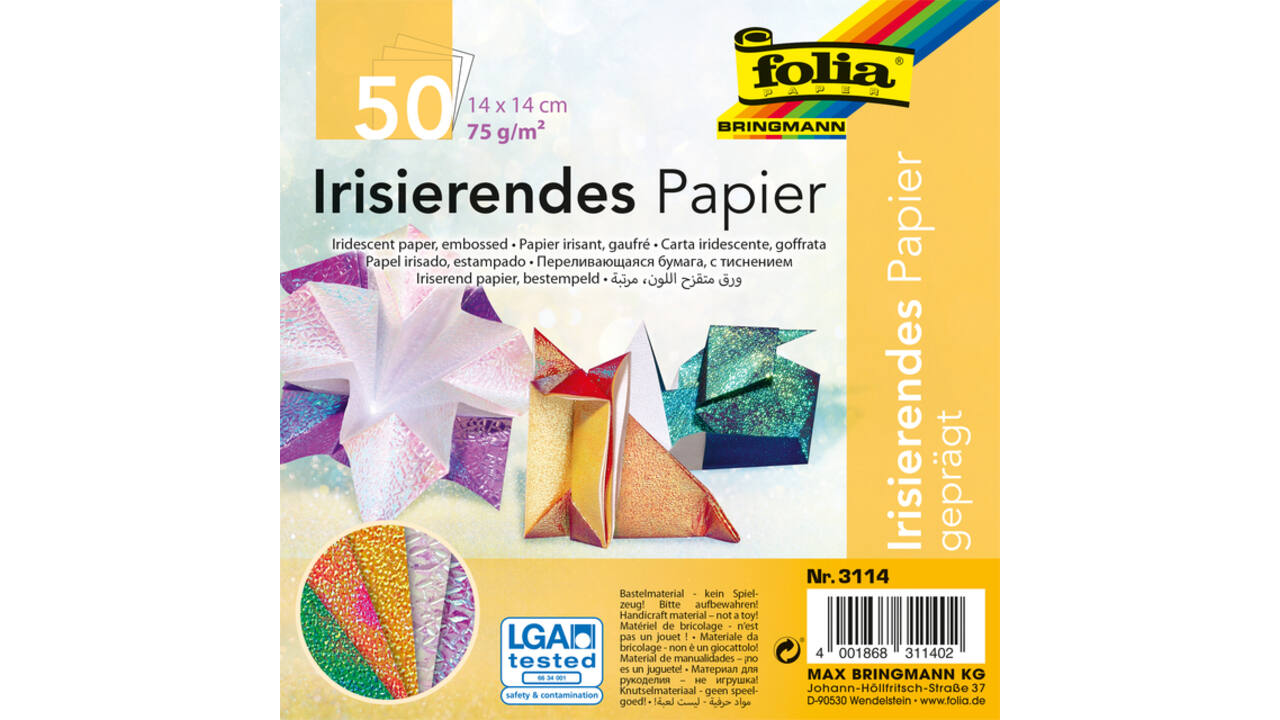 Vouwblaadjes Folia 75gr 14x14cm 50 vel 2-zijdig iriserend embossing assorti kleuren