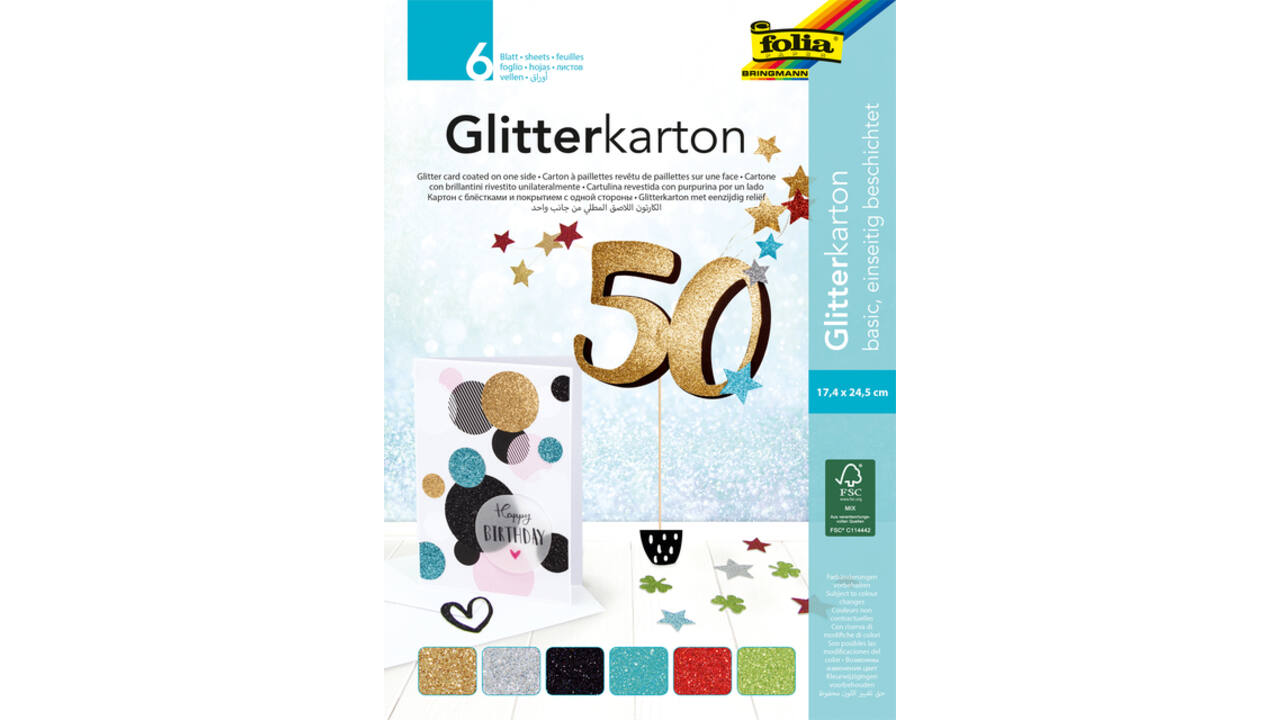 Glitterkarton Folia 174x245mm 6 vel basis assorti