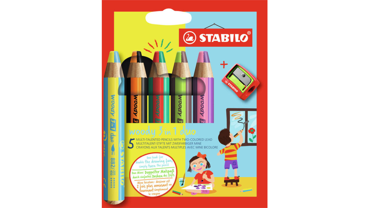 Kleurpotloden STABILO 882 woody 3 in 1 duo inclusief puntenslijper assorti etui 5 à stuks