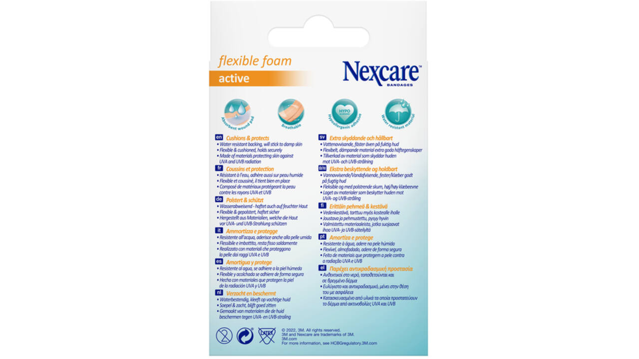 Wondpleister Nexcare active flexible foam waterbestendig 6x10cm 10 stuks