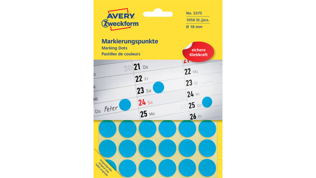 Etiket Avery Zeckform 3375 rond 18mm blauw 1056stuks