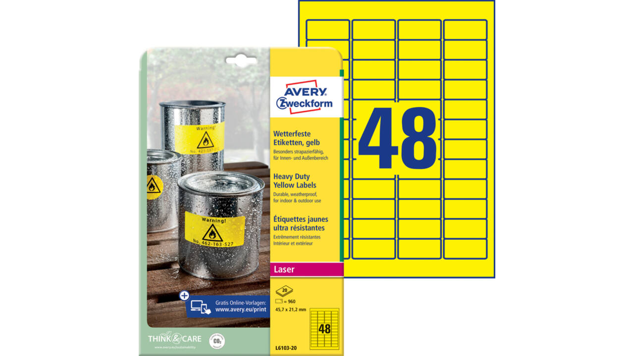 Etiket Avery Zweckform L6103-20 45.7x21.2mm geel 960stuks