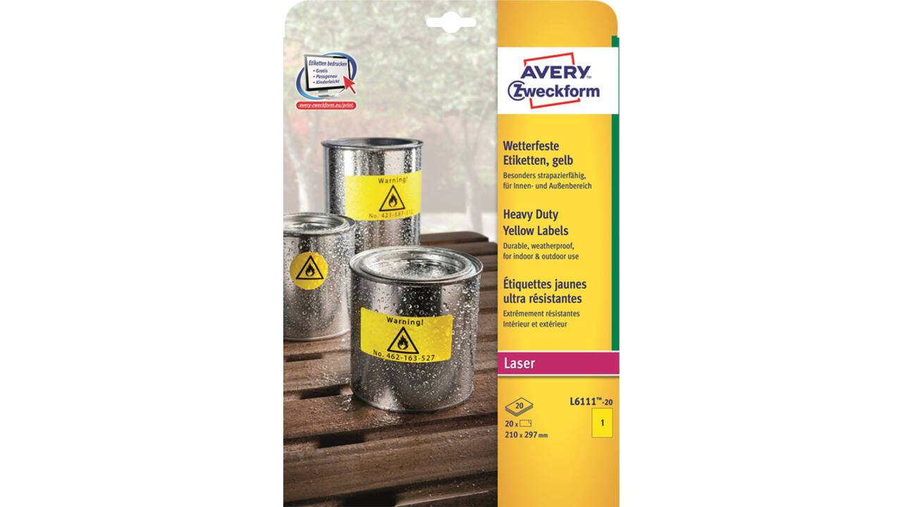 Etiket Avery Zweckform L6111-20 210x297mm geel 20stuks