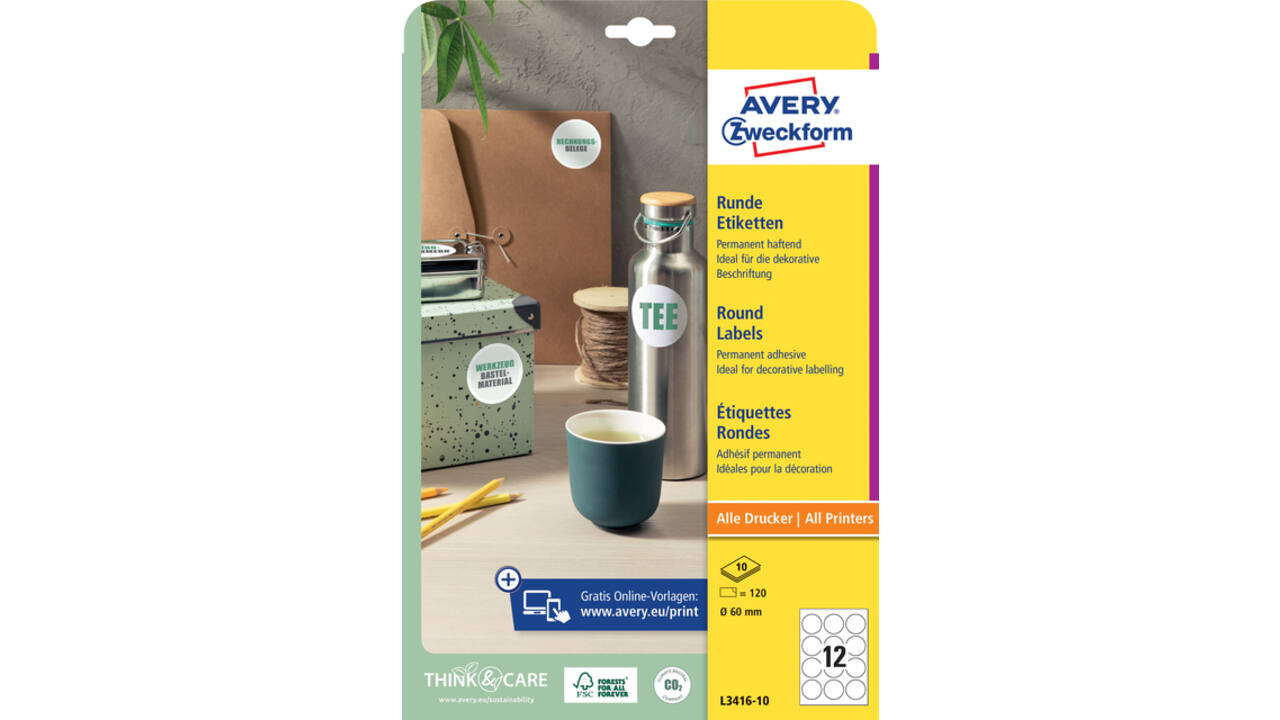 Etiket Avery Zweckform L3416-10 rond 60mm wit 120stuks