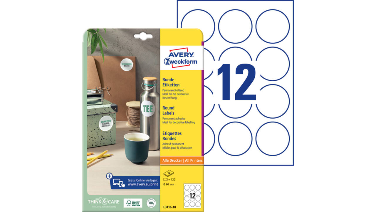 Etiket Avery Zweckform L3416-10 rond 60mm wit 120stuks