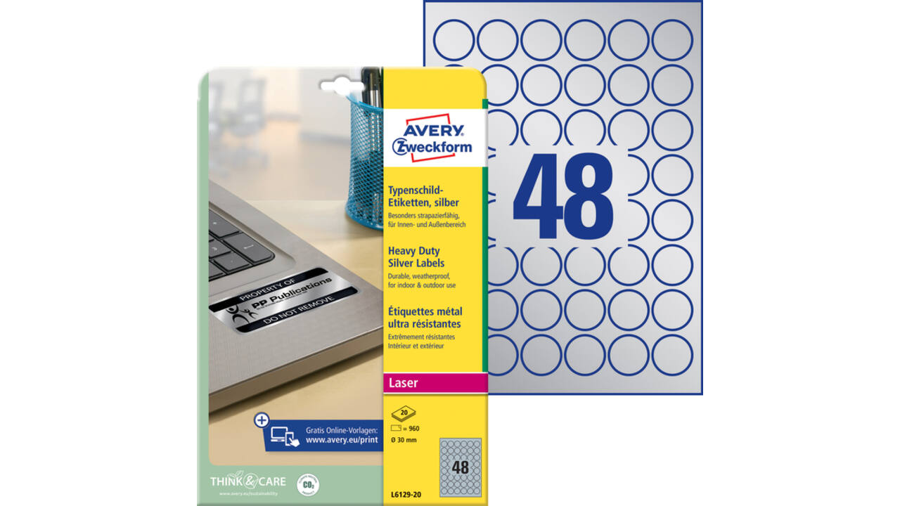 Etiket Avery Zweckform L6129-20 rond 30mm zilver 960stuks