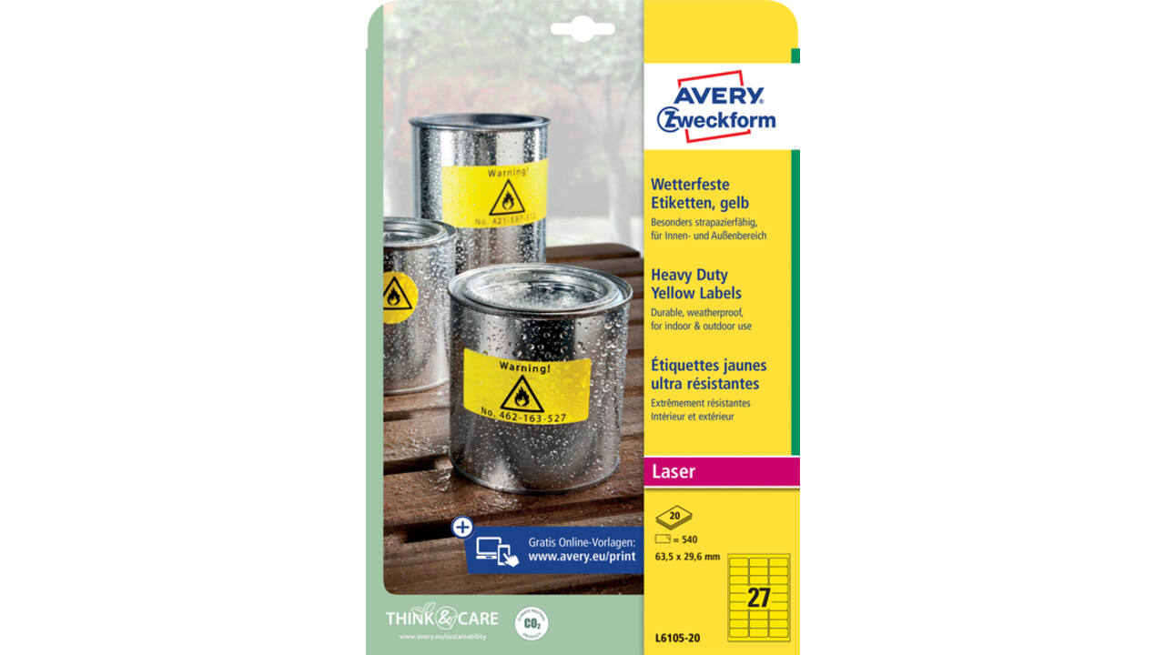 Etiket Avery Zweckform L6105-20 63.5x29.6mm geel 540stuks