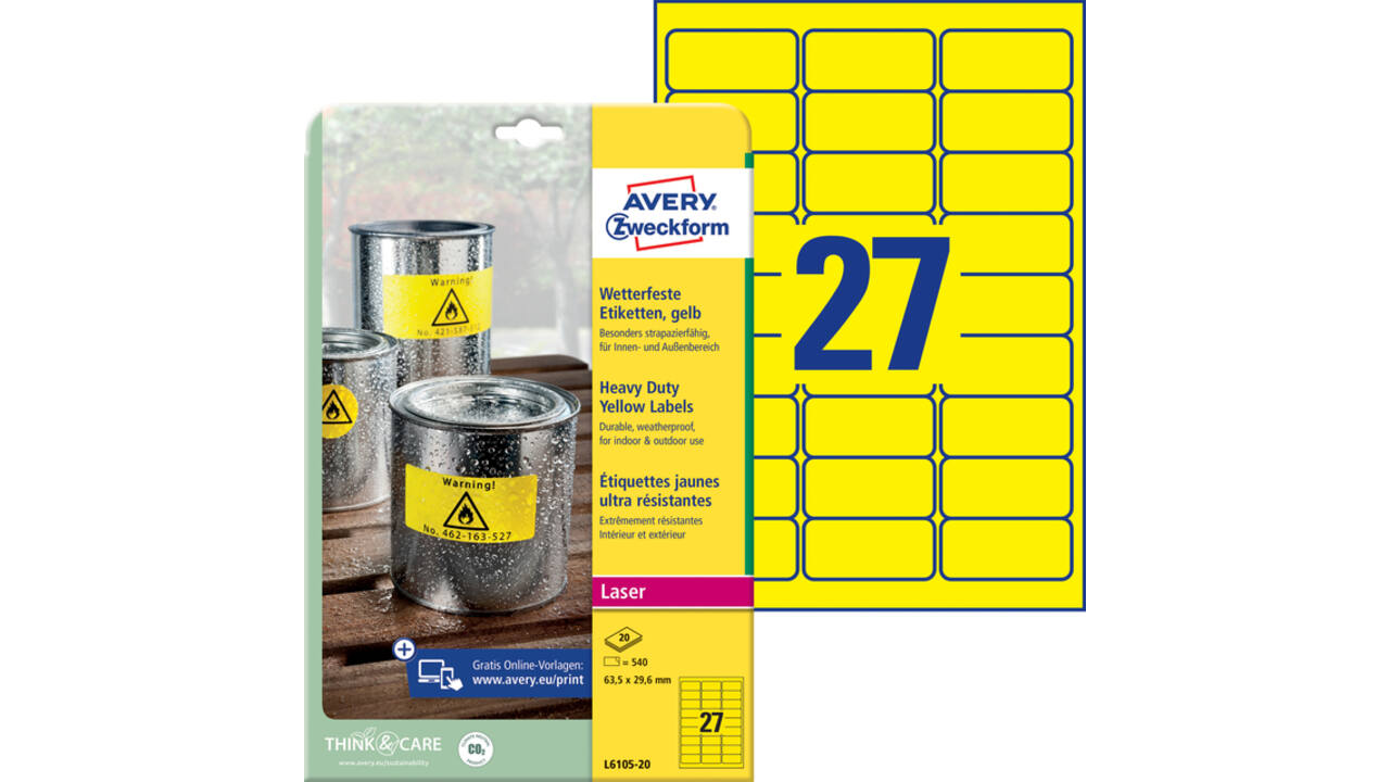 Etiket Avery Zweckform L6105-20 63.5x29.6mm geel 540stuks