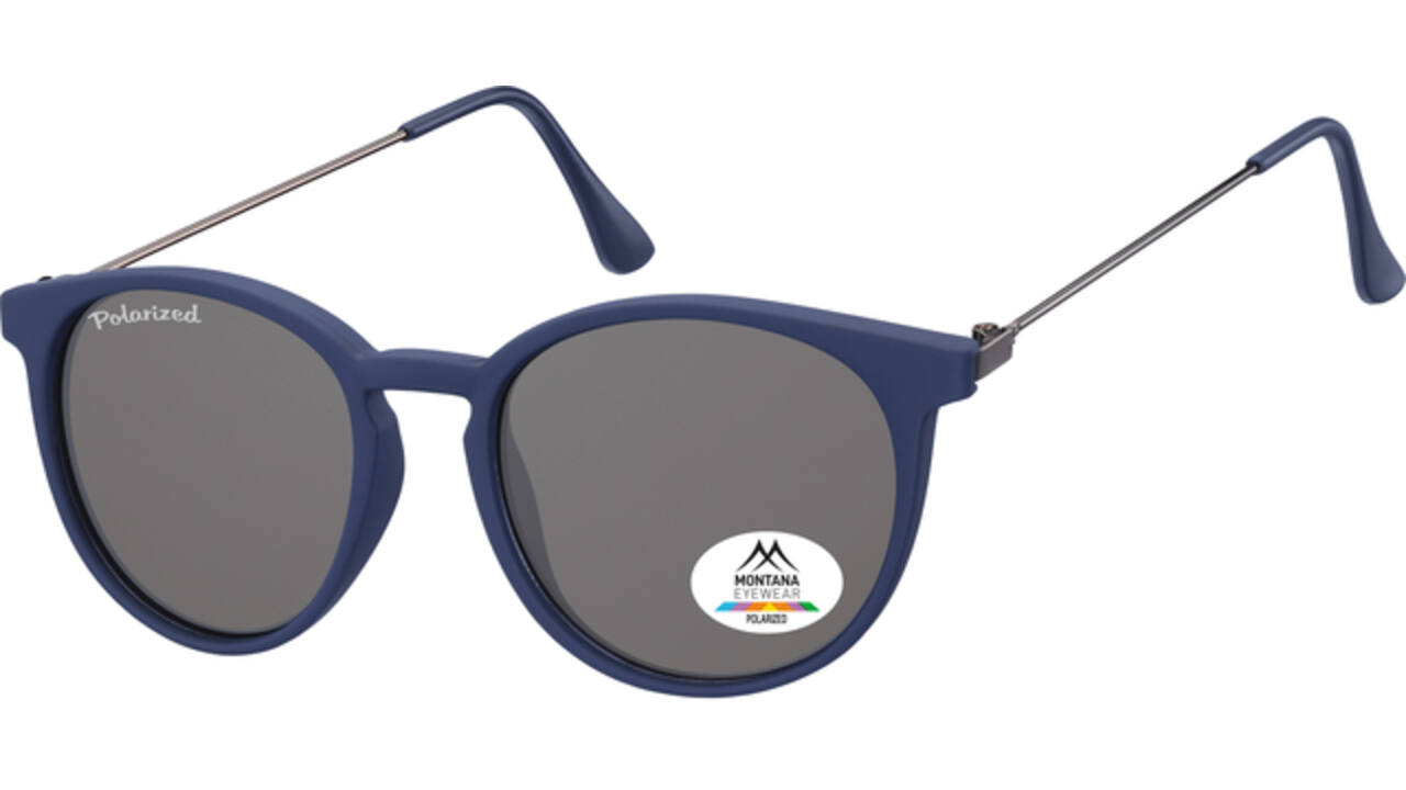 Zonnebril Montana met smoke gepolariseerd rond glas en metalen pootje blauw