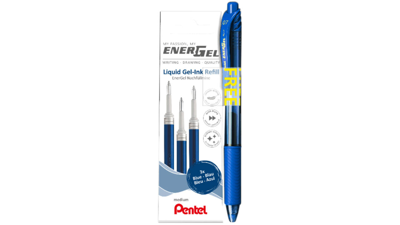 Gelschrijvervulling Pentel LR7 Energel met gratis gelpen medium blauw blister à 3 stuks