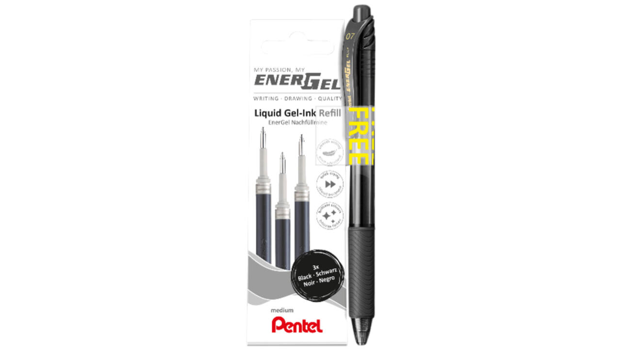 Gelschrijvervulling Pentel LR7 Energel met gratis gelpen medium zwart blister à 3 stuks