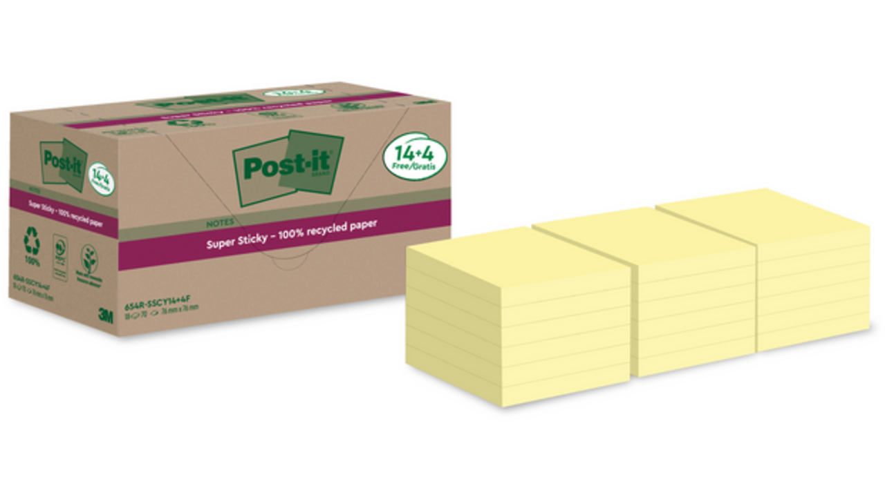Memoblok Post-it 654 RSS12CY 76x76mm geel 14+4 gratis