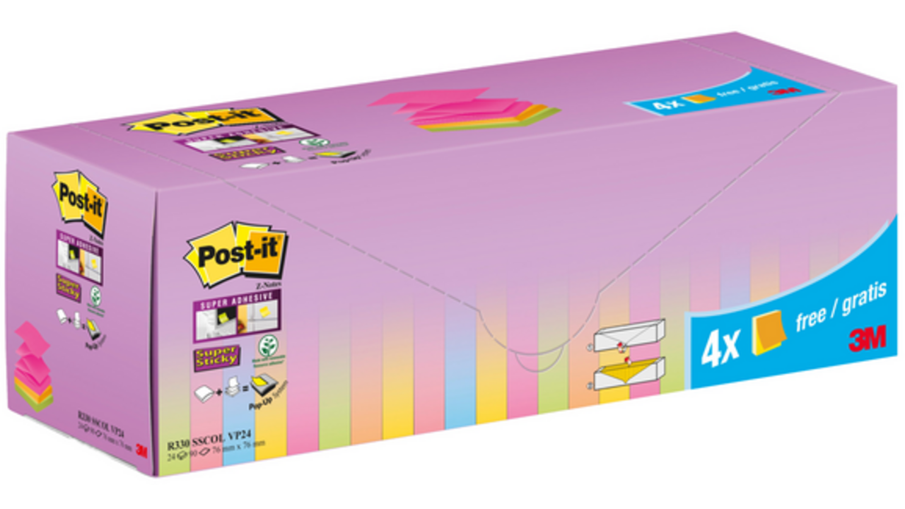 Memoblok 3M Post-it Z-Note R330 Super Sticky 76x76mm assorti kleur 20 + 4 gratis