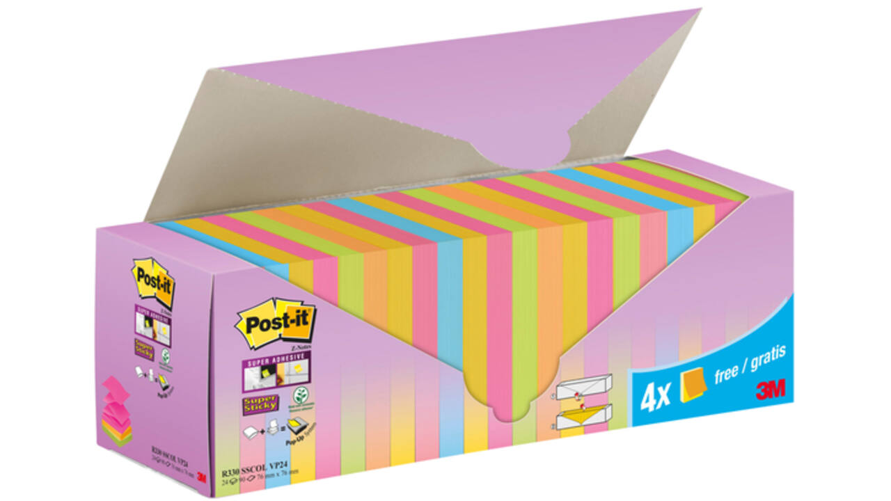Memoblok 3M Post-it Z-Note R330 Super Sticky 76x76mm assorti kleur 20 + 4 gratis