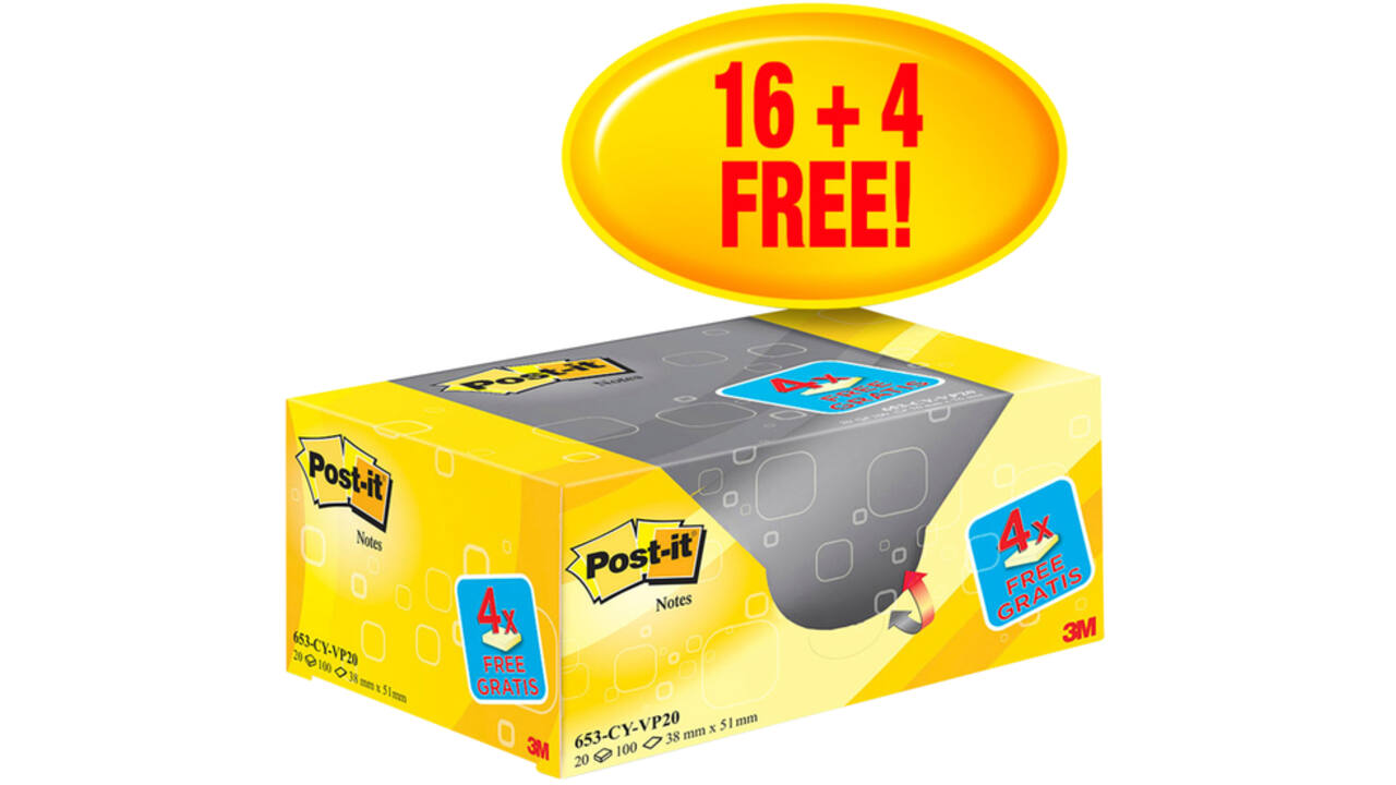 Memoblok 3M Post-it 653 38x51mm geel 16 + 4 gratis