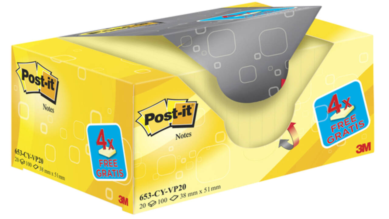 Memoblok 3M Post-it 653 38x51mm geel 16 + 4 gratis