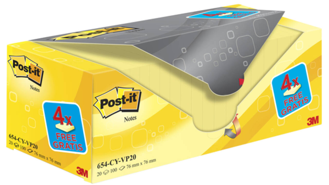 Memoblok 3M Post-it 654 76x76mm geel 16 + 4 gratis