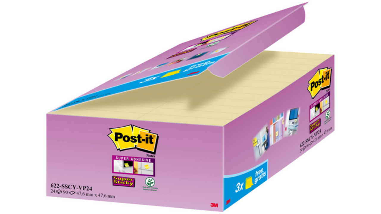 Memoblok 3M Post-it 622 Super Sticky 47.6x47.6mm geel 21 + 3 gratis