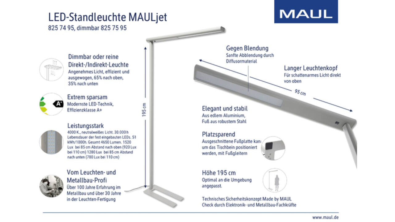 Vloerlamp MAUL Jet LED dimbaar hg 195 cm zilver