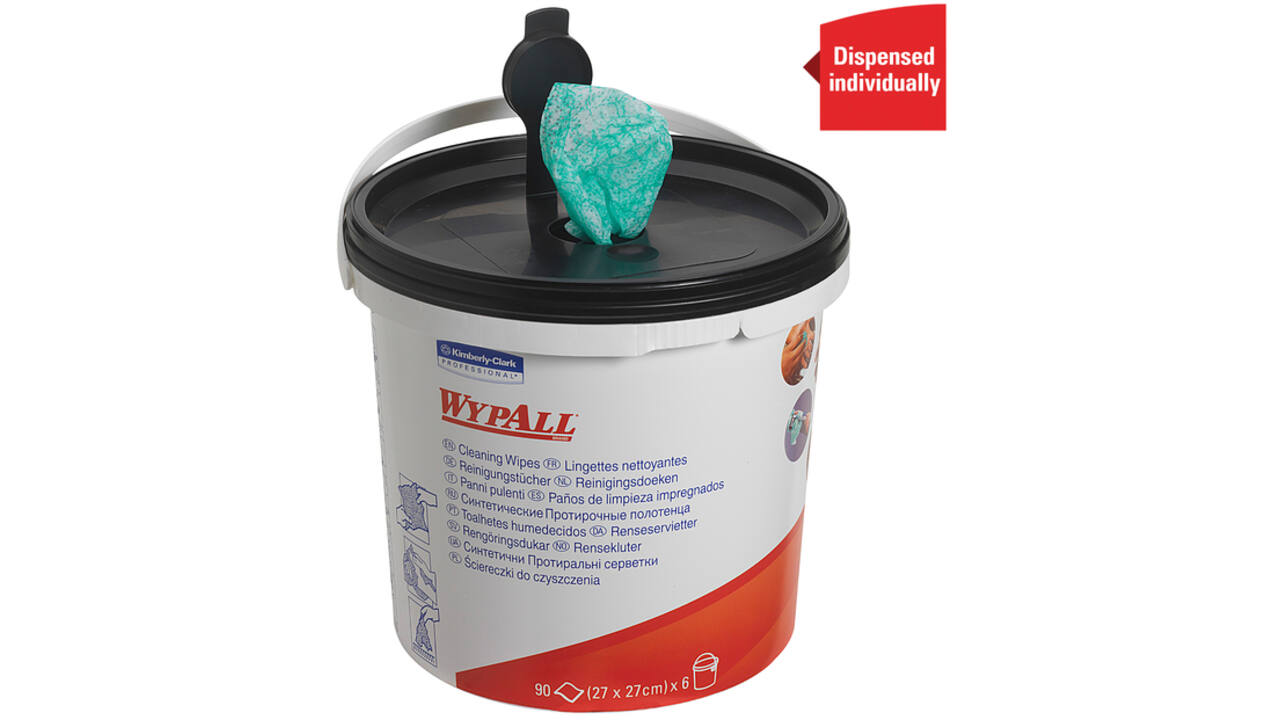 Reinigingsdoek WypAll geïmpregneerd 27x27cm 90vel per emmer groen 7775