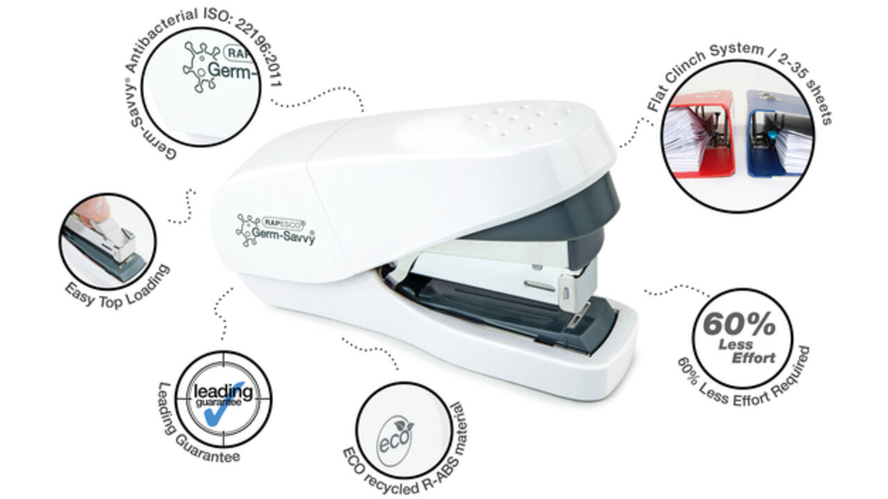 Nietmachine Rapesco Germ-Savvy ECO Less Effort Flat Clinch antibacterieel 24/6mm wit