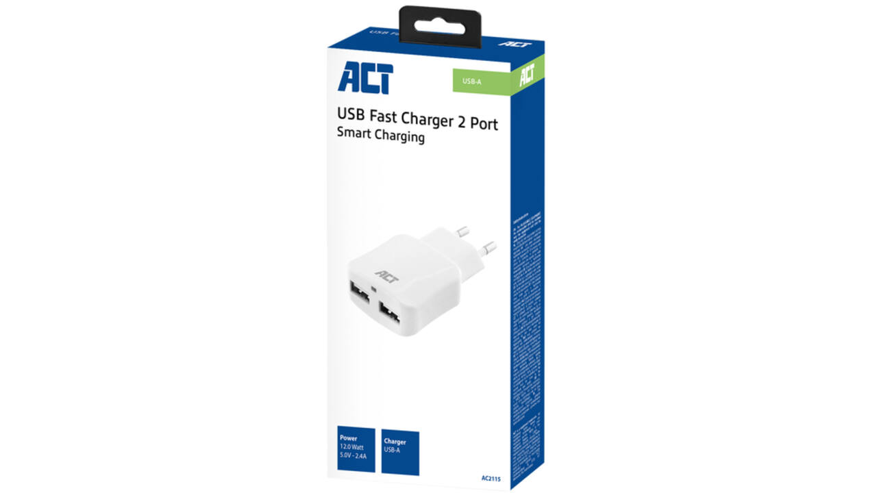Oplader ACT USB 2 poorts 2.1A 12W wit