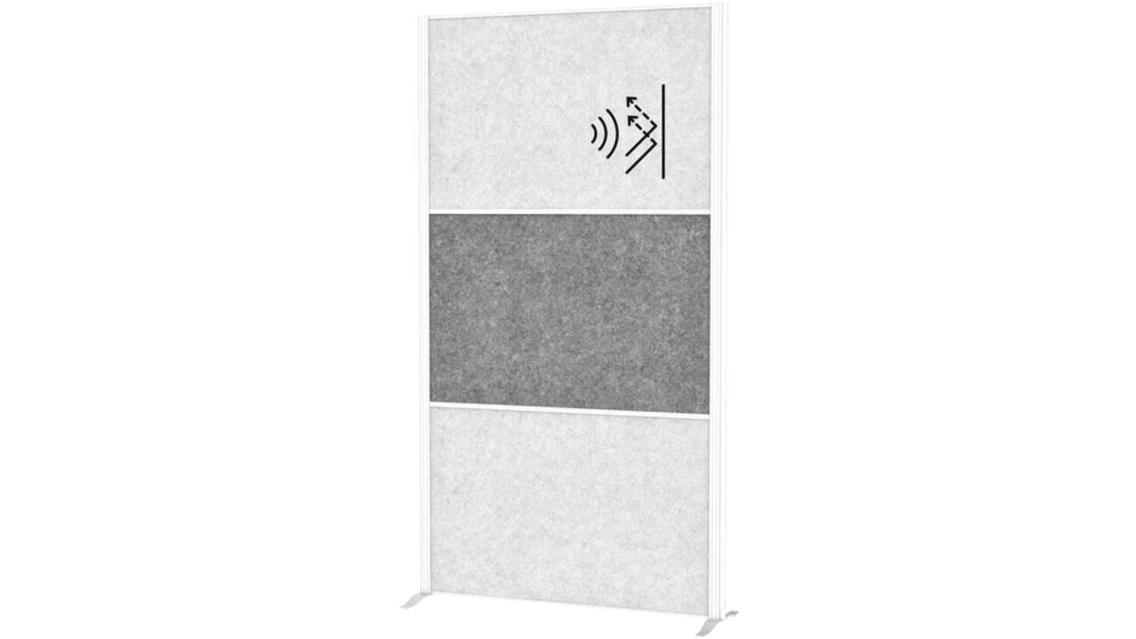 Scheidingswand MAUL akoestiek 100x180 2x licht- 1x donkergrijs wit frame op voet
