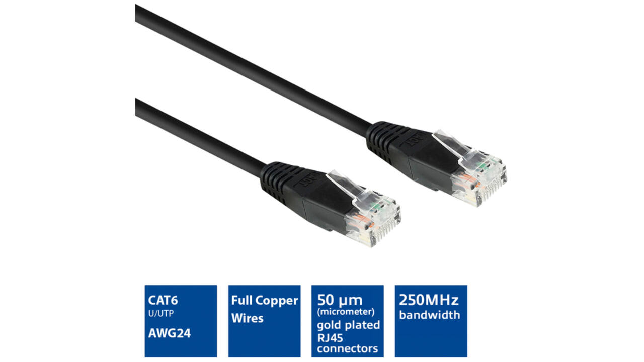 Kabel ACT CAT6 Network koper 0.9 meter zwart