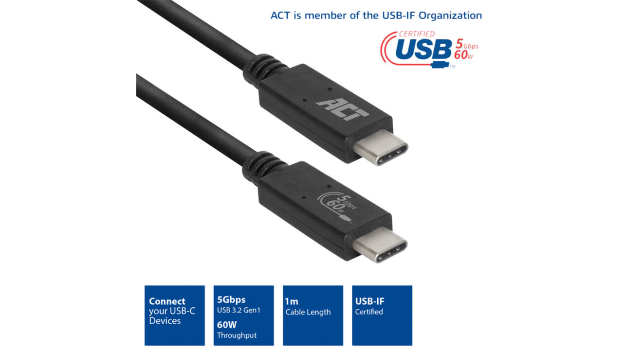 Kabel ACT USB 3.2 USB-C USB-IF gecertificeerd 1 meter