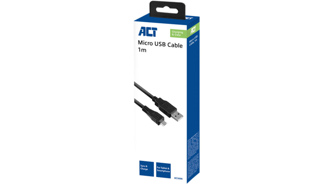 Kabel ACT USB 2.0 naar MicroB laad -en data 1 meter