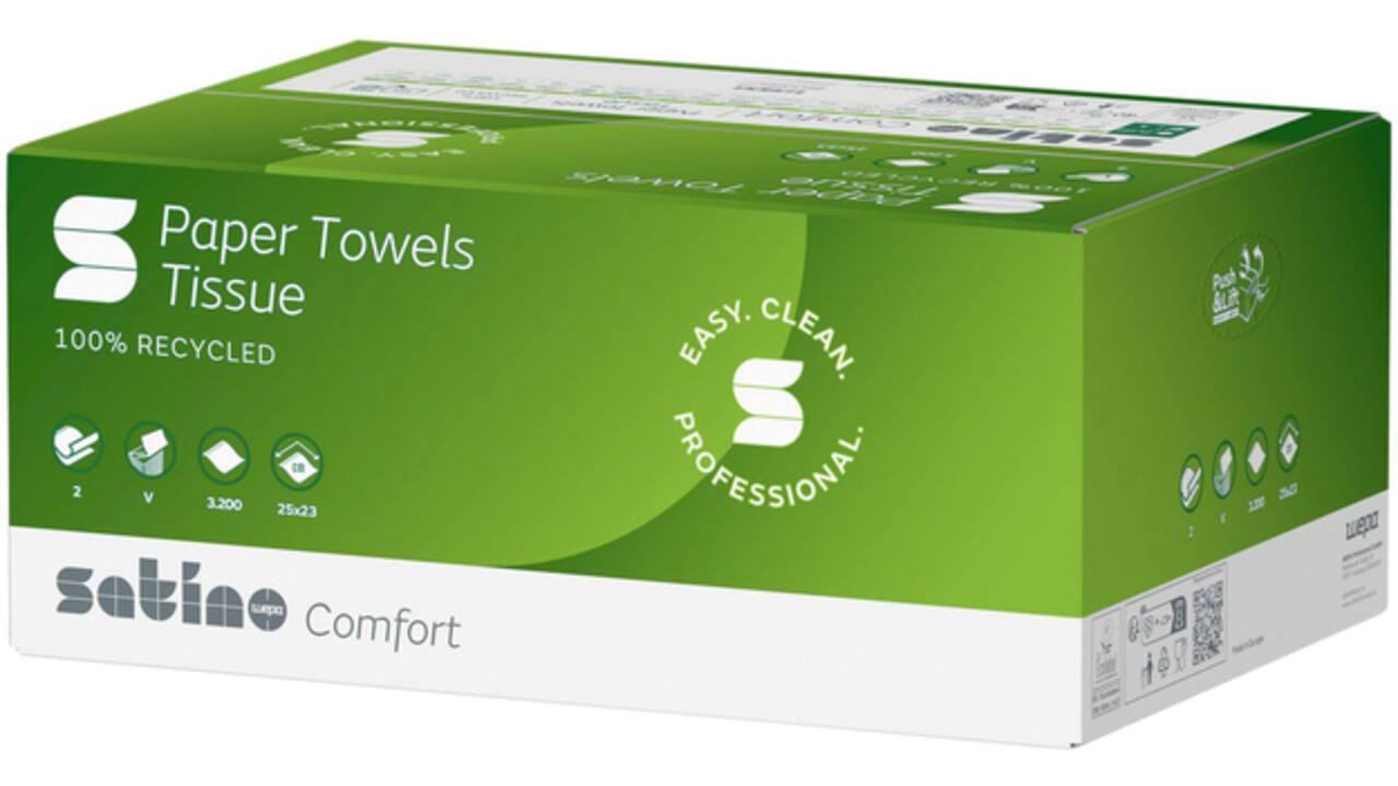 Handdoek Satino Comfort PT3 V-vouw 2-laags 250x230mm 20x160vel wit 277200