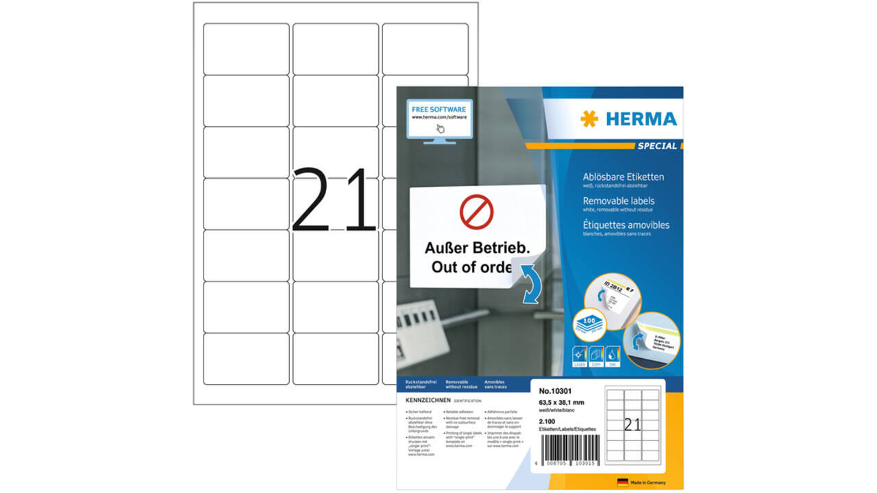 Etiket HERMA 10301 63.5x38.1mm verwijderbaar wit 2100 etiketten