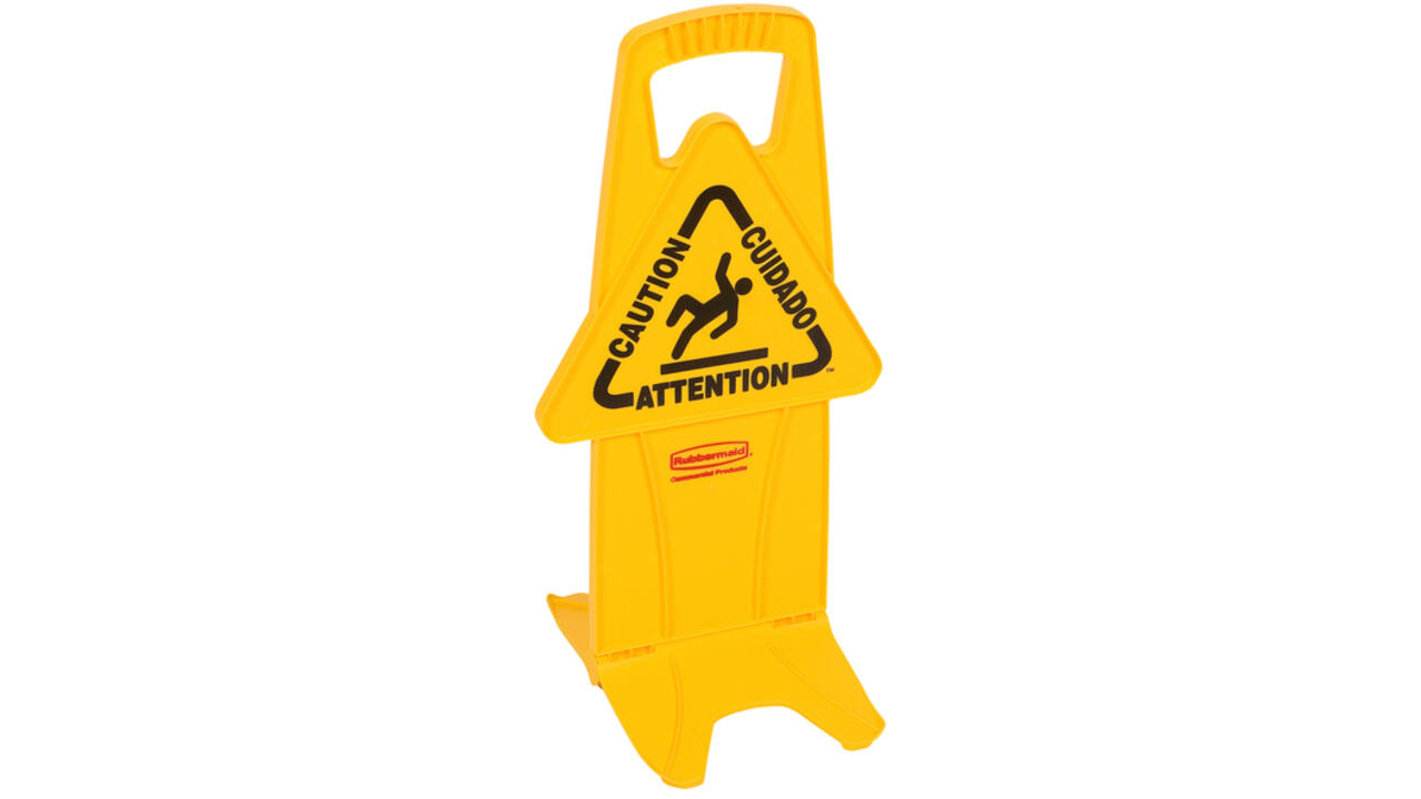 Waarschuwingsbord Rubbermaid tweezijdig meertalig met voet 66cm geel