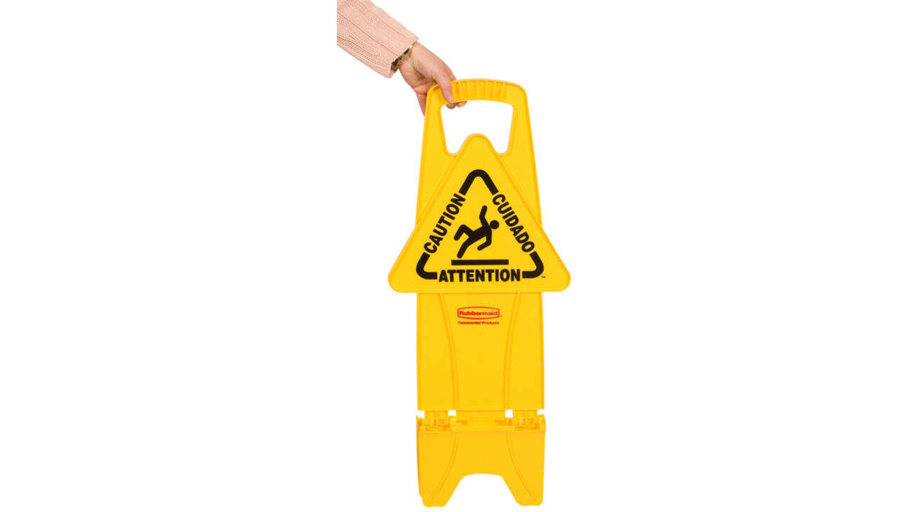 Waarschuwingsbord Rubbermaid tweezijdig meertalig met voet 66cm geel