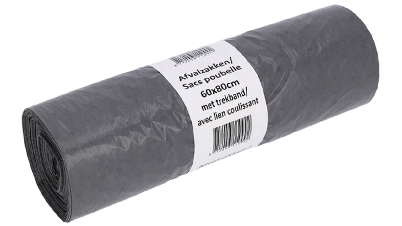 Afvalzak Cleaninq 60x80cm LDPE recycled T30 60L met trekband grijs