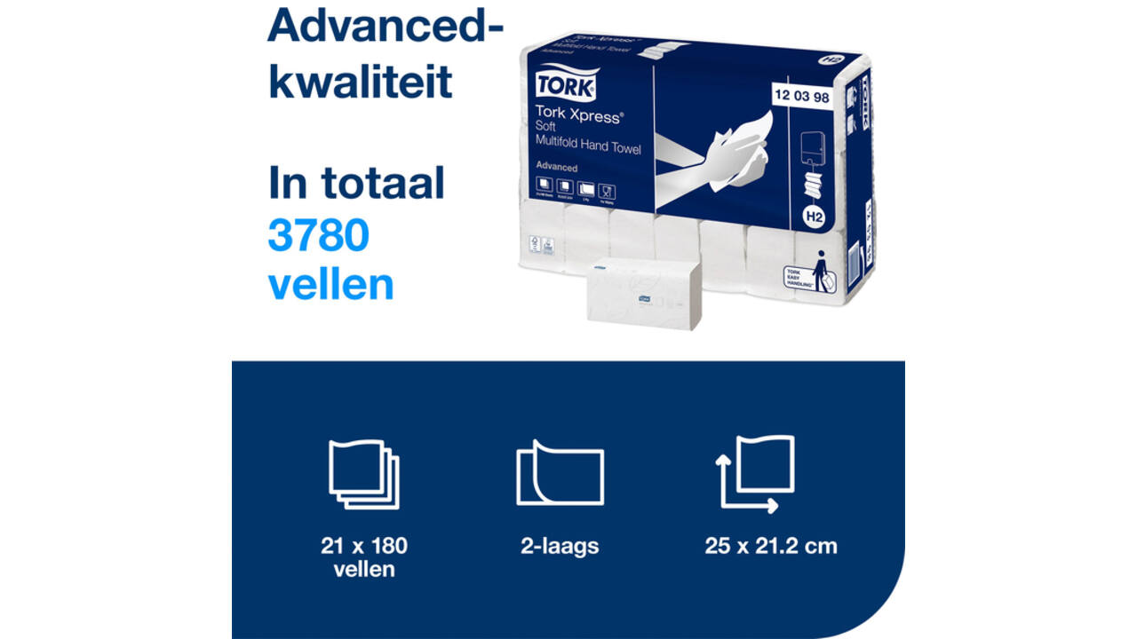 Handdoek Tork Xpress® H2 Multifold advanced 2-laags 21x180st wit 120398