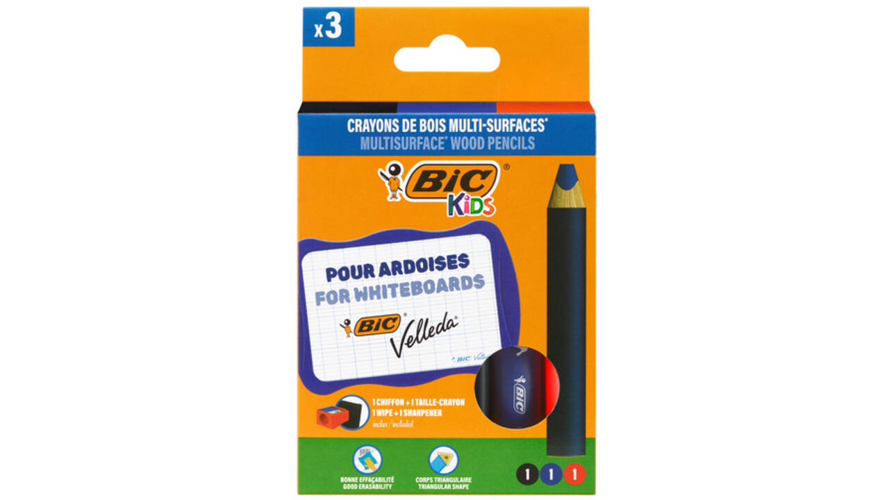 Whiteboardpotlood BicKids Multi Surface inclusief puntenslijper en doekje assorti pak à 3 stuks