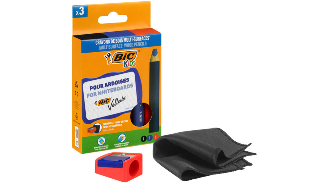 Whiteboardpotlood BicKids Multi Surface inclusief puntenslijper en doekje assorti pak à 3 stuks