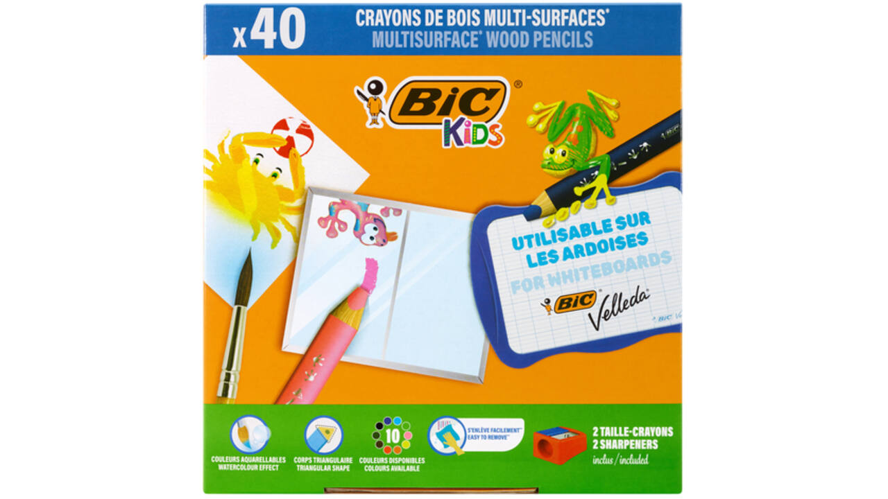 Kleurpotloden Bickids Multi Surface Class incl 2 puntenslijpers assorti 10 kleuren pak à 40 stuks