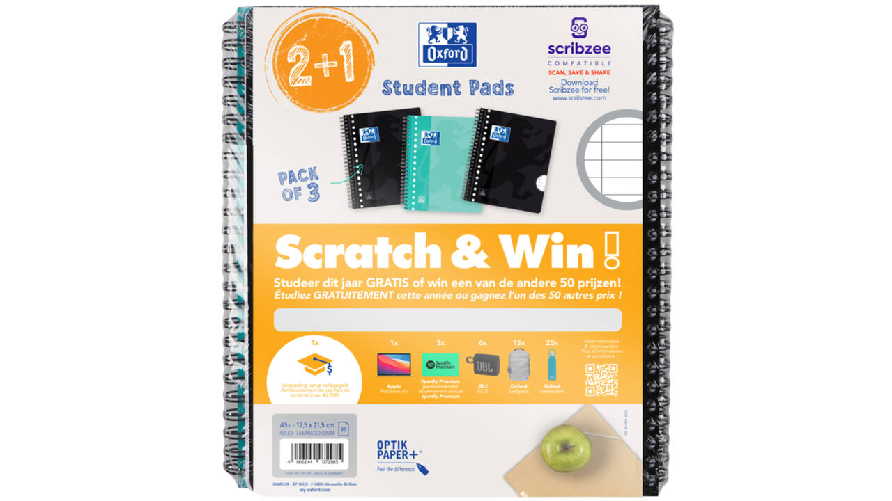 Collegeblok Oxford School A5+ lijn 17-gaats 160 pagina's 80gr scratch&win assorti