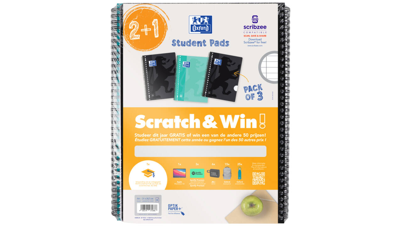 Collegeblok Oxford School A4+ lijn 23-gaats 160 pagina's 80gr scratch&win assorti