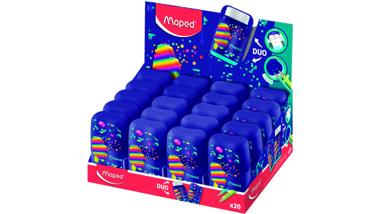 Puntenslijper Maped Pixel Party Connect 2-gaats met gum display à 20 stuks