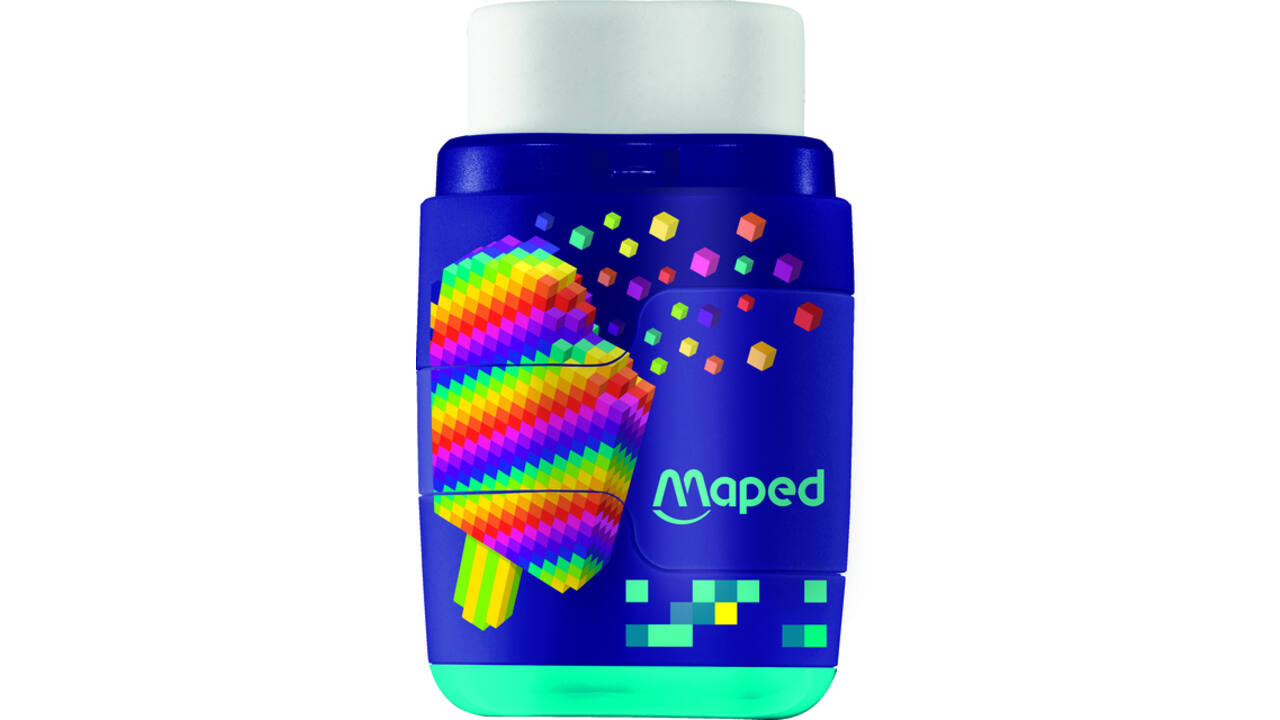Puntenslijper Maped Pixel Party Connect 2-gaats met gum display à 20 stuks