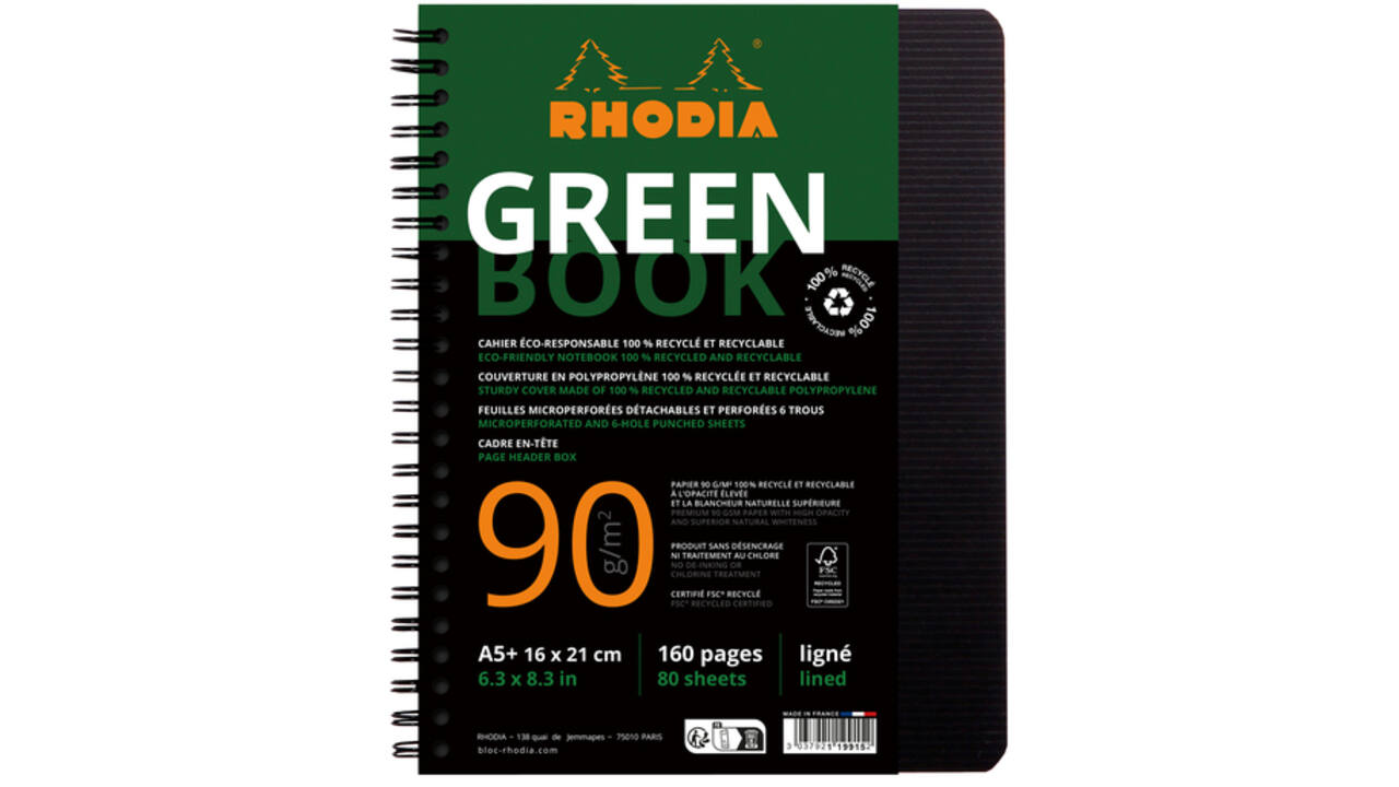 Notitieboek Rhodia Greenbook A5 lijn 6-gaats 180 pagina's 90gr zwart