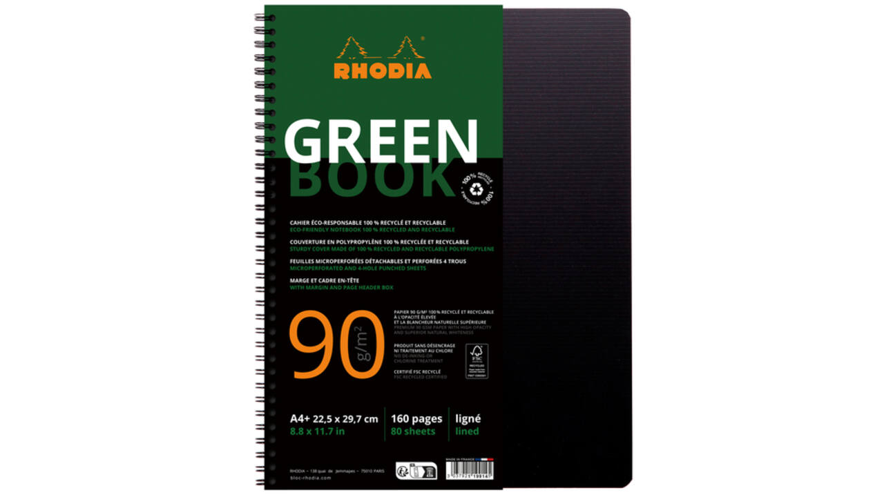 Notitieboek Rhodia Greenbook A4+ lijn 4-gaats 180 pagina's 90gr zwart
