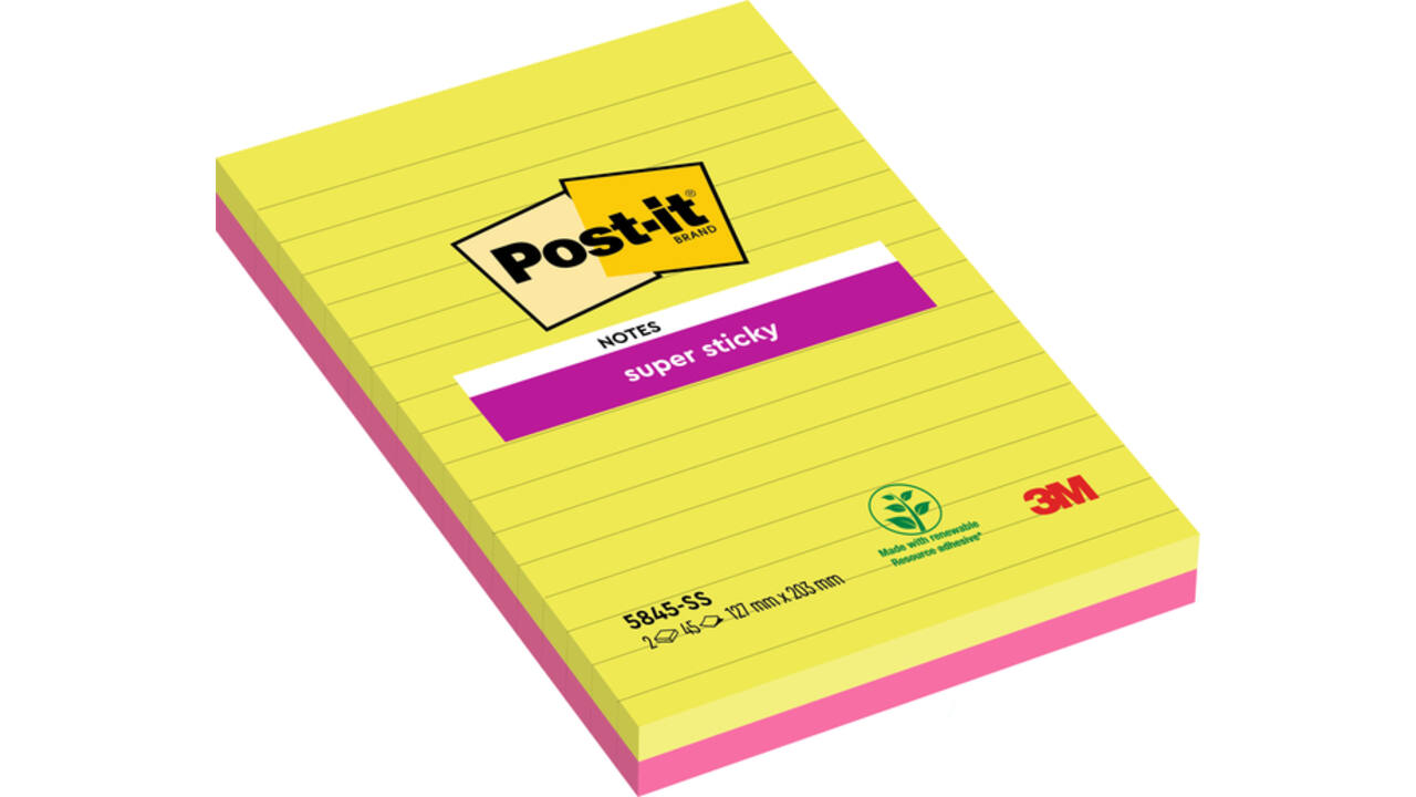Memoblok 3M Post-it 5845 Super Sticky 127x203mm lijn assorti kleur
